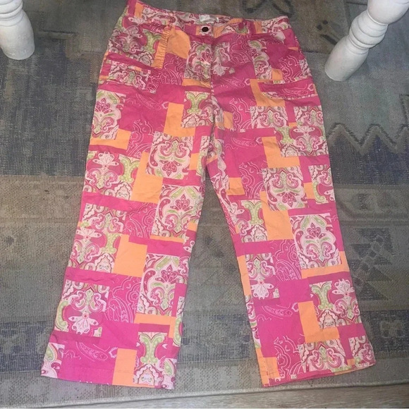 Hawaiian Tropic Vintage 80s Sz 14 Pink Patchwork Ankle Pants - Picture 7 of 10
